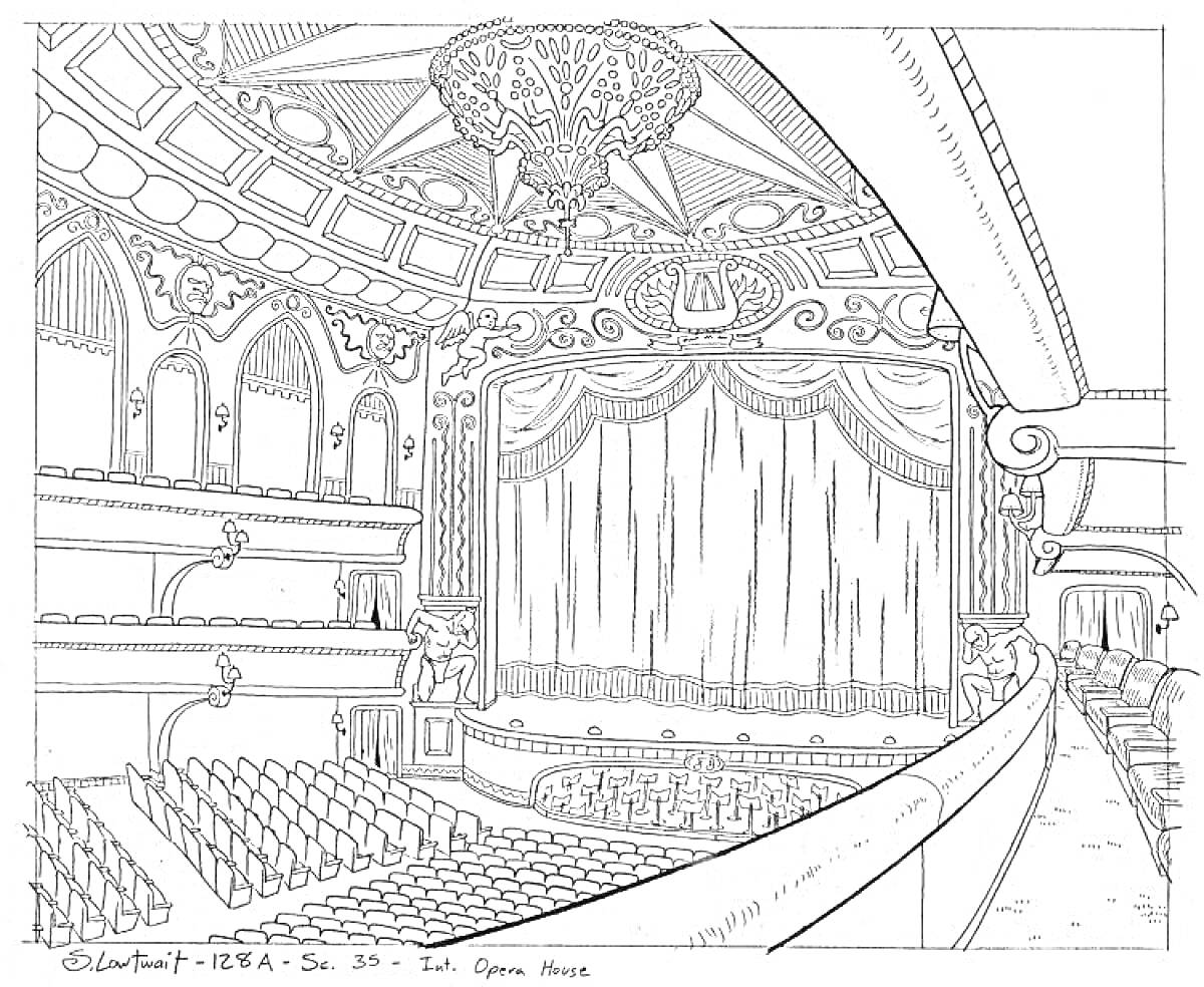 Раскраска Внутренний интерьер оперного театра с люстрой, занавесом и сиденьями