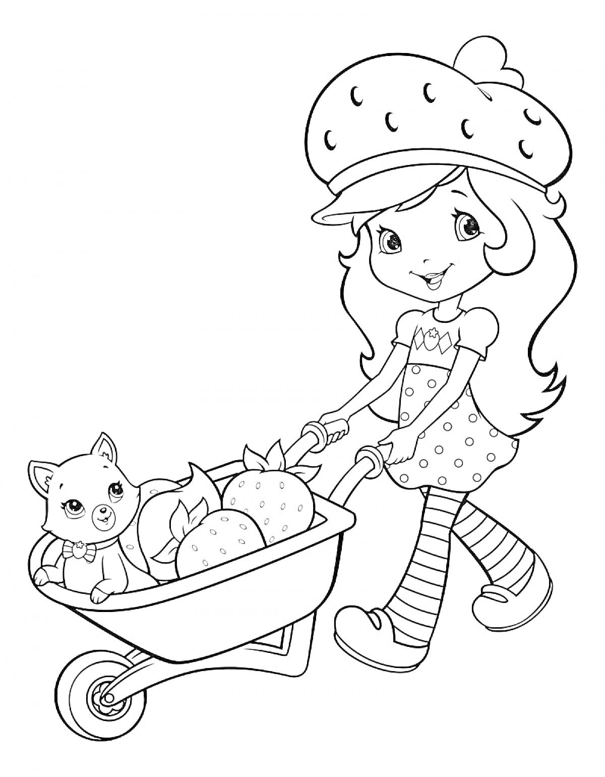 Раскраска Девочка в шапке с клубникой и котенком в тачке, полной клубники