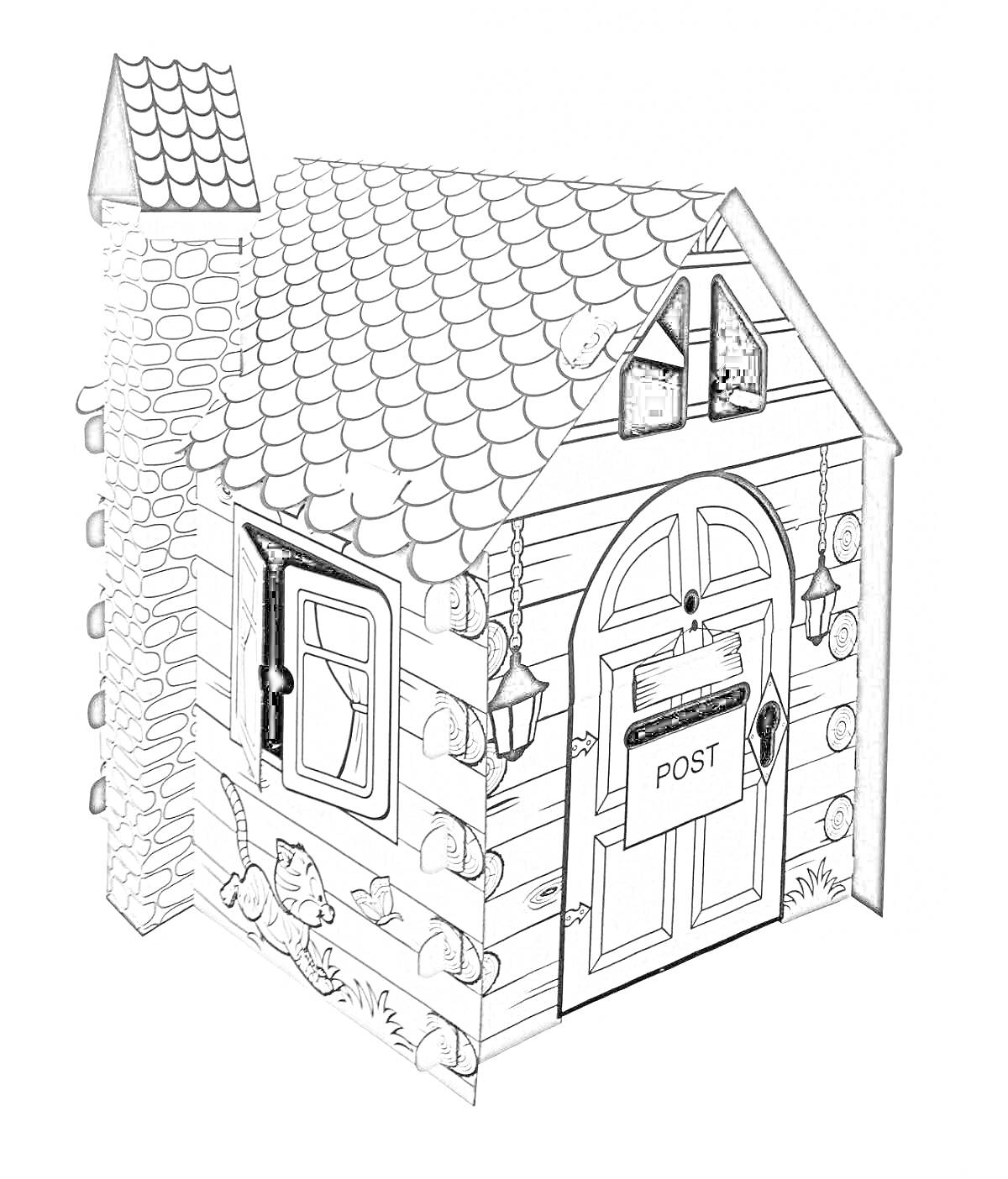 Раскраска Картонный домик с почтовым ящиком, трубой, окном и кошкой