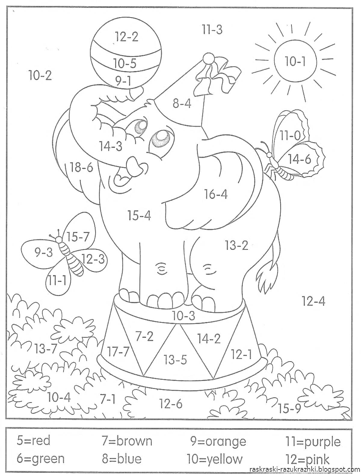 Раскраска Раскраска с математическими примерами: слон на цирковом тубе, два воздушных шарика, две бабочки, солнце, кусты