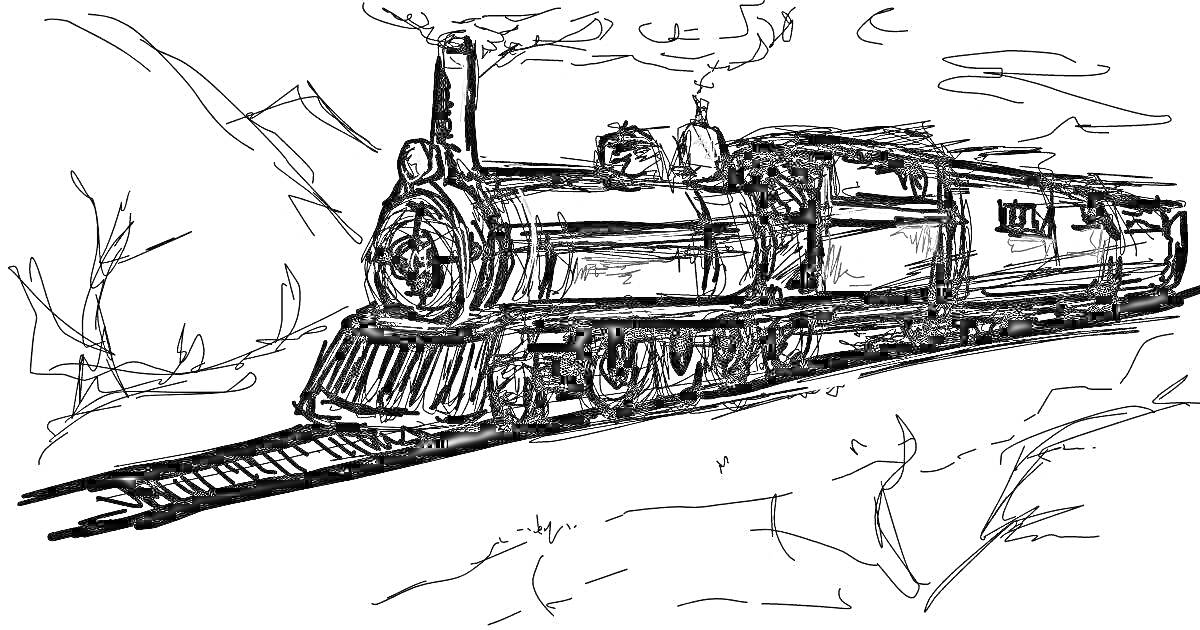 Раскраска Поезд пожиратель, идущий по железной дороге с дымящим трубом, в окружении деревьев и гор