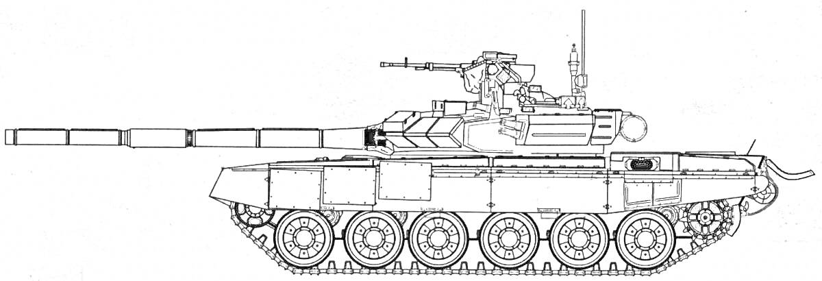 На раскраске изображено: Танк, Т-90, Боевой, Военная техника, Орудие, Пулемет, Гусеницы, Ходовая часть
