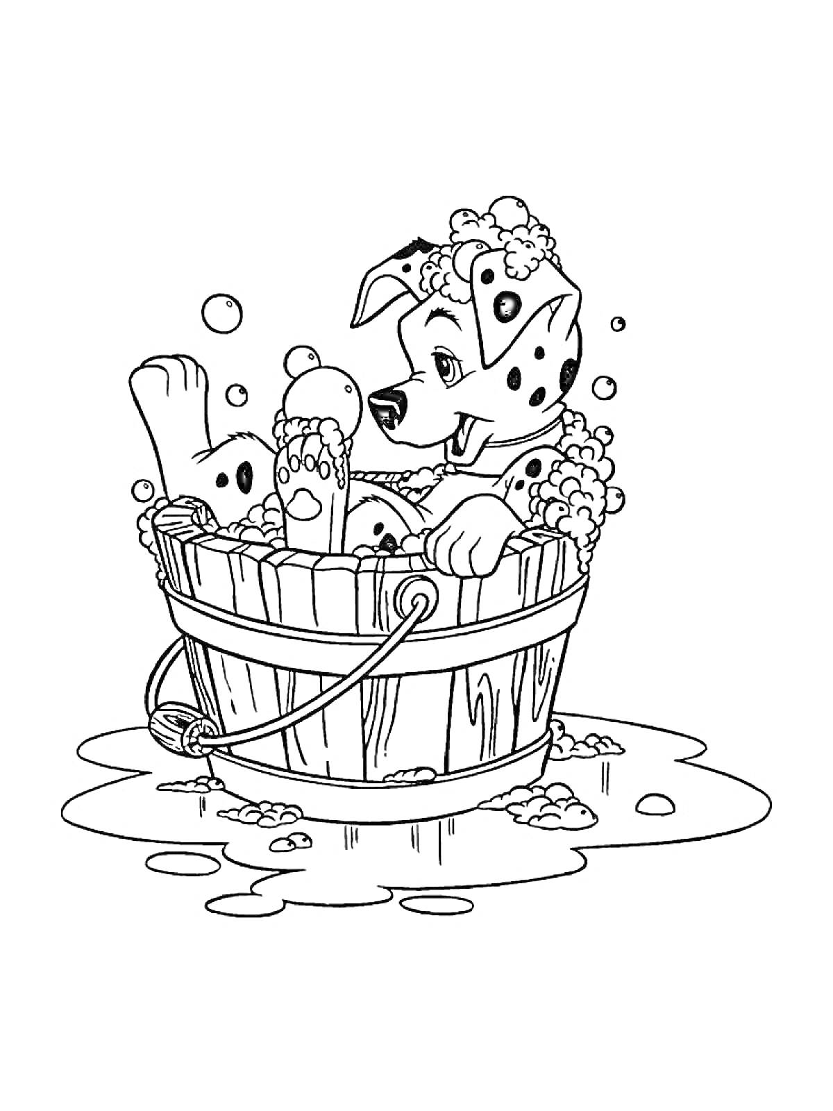 Раскраска Пёс-щенок купается в деревянной бочке с мыльной пеной