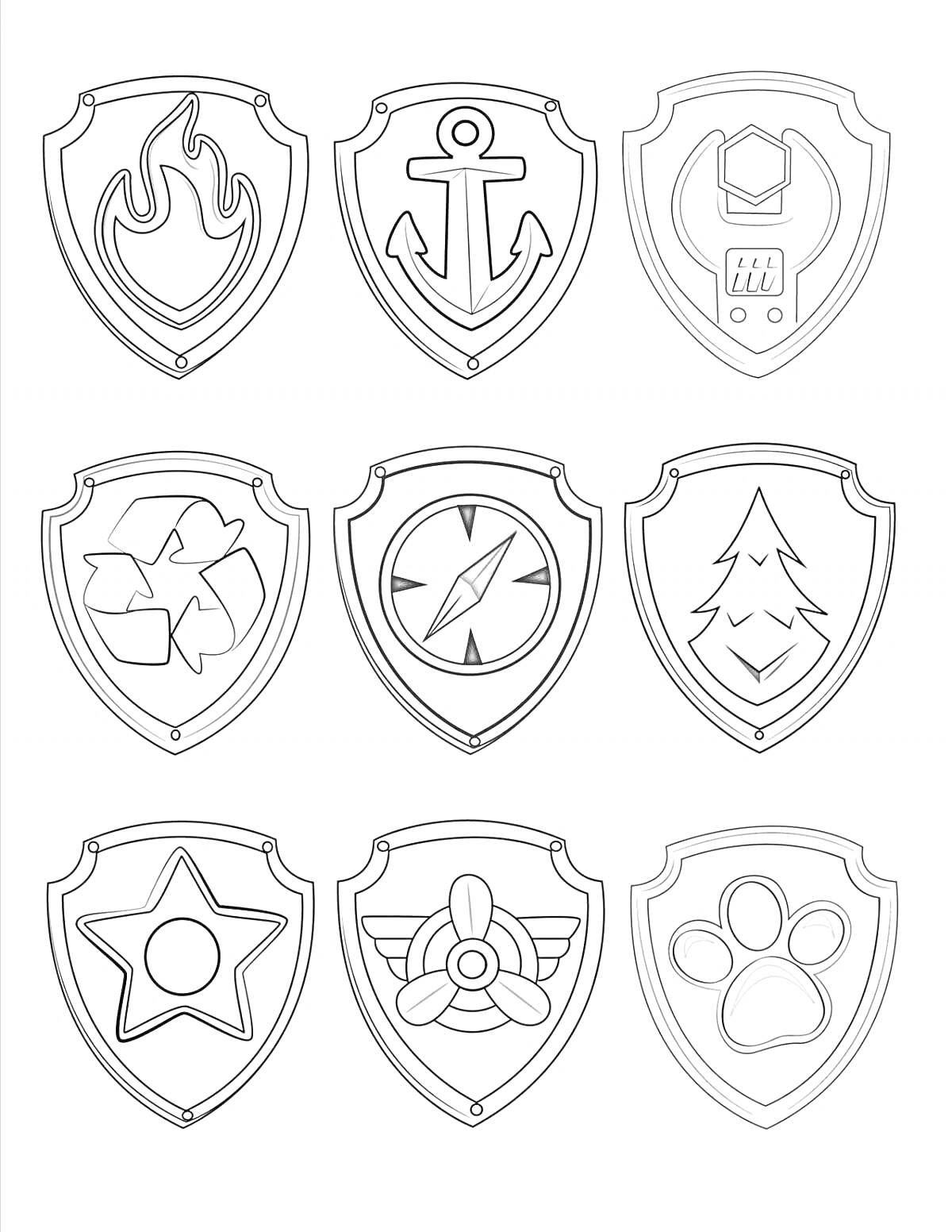 На раскраске изображено: Щенячий патруль, Пламя, Щит, Символ переработки, Компас