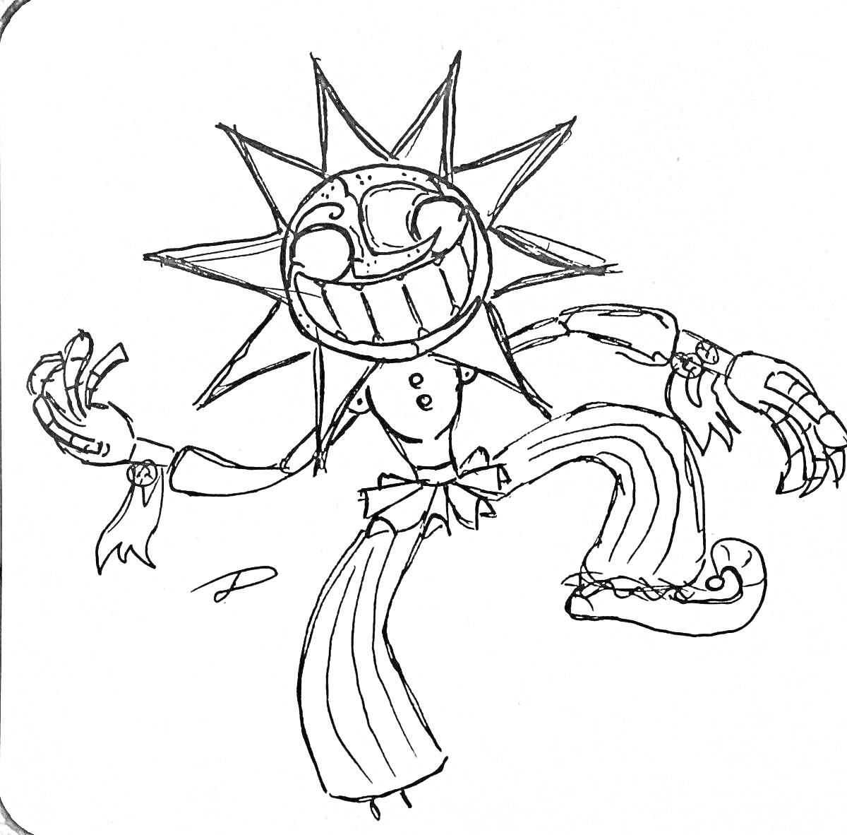 Раскраска Аниматроник Солнце с широкой улыбкой и энергичной позой, браслет на запястье, широкие штаны, босиком