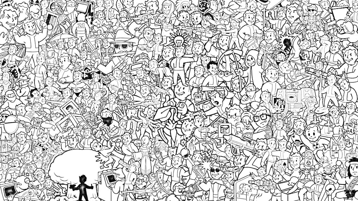 Раскраска Толпа из разных персонажей с множеством различных действий и объектов