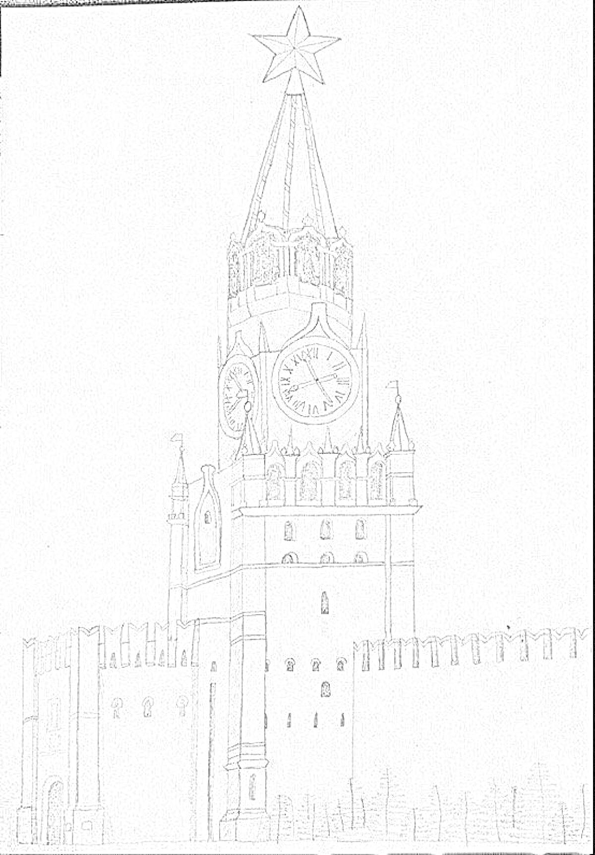 На раскраске изображено: Кремль, Спасская башня, Куранты, Стена, Московский Кремль, Часы, Архитектура