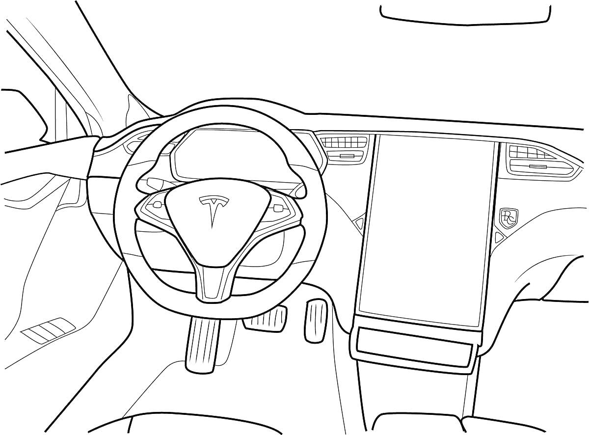 Раскраска Салон автомобиля Тесла с рулевым колесом, педалями, воздуховодами и центральной консолью с экраном