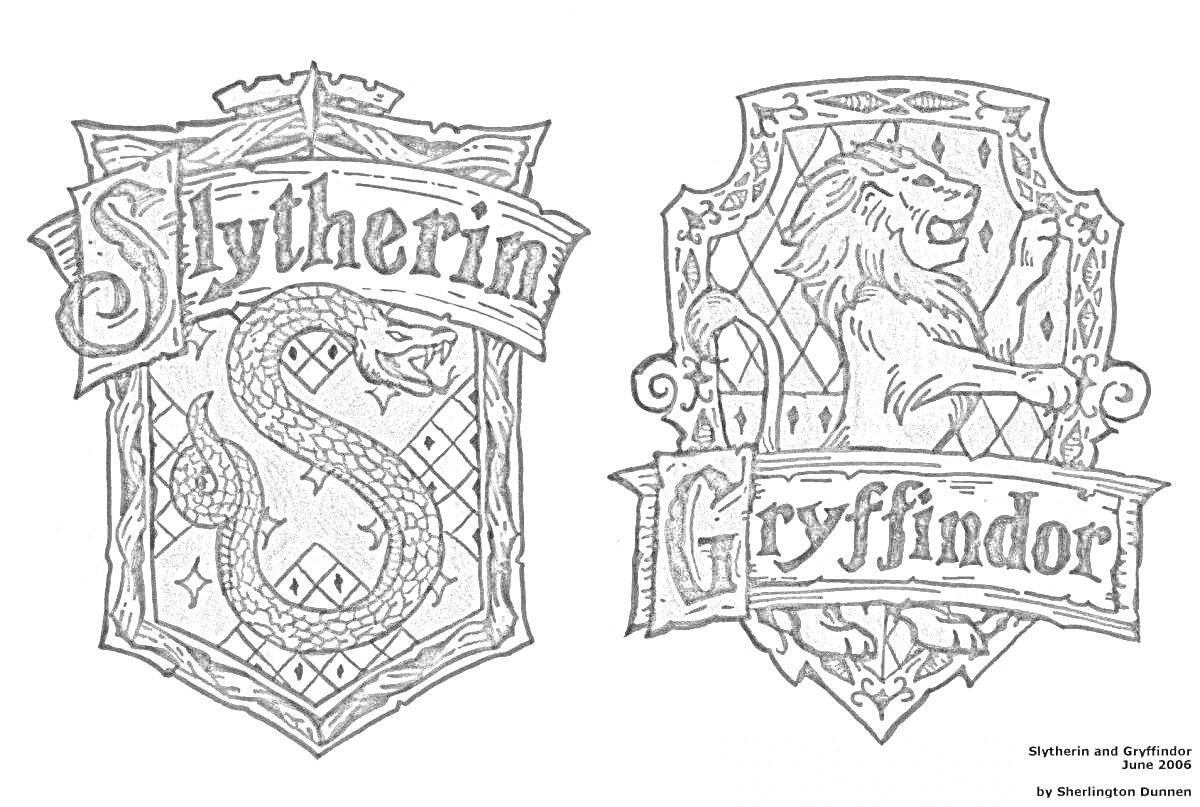 На раскраске изображено: Гриффиндор, Слизерин, Гарри Поттер, Лев, Факультеты, Ромбы, Звезды