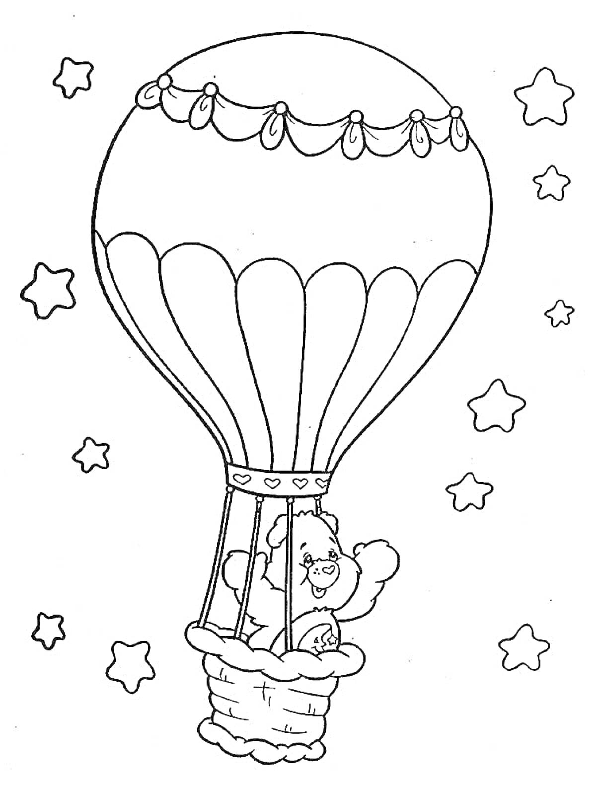 На раскраске изображено: Звезды, Небо, Корзина, Воздушные шары, Контурные рисунки, Летающая, Медведь