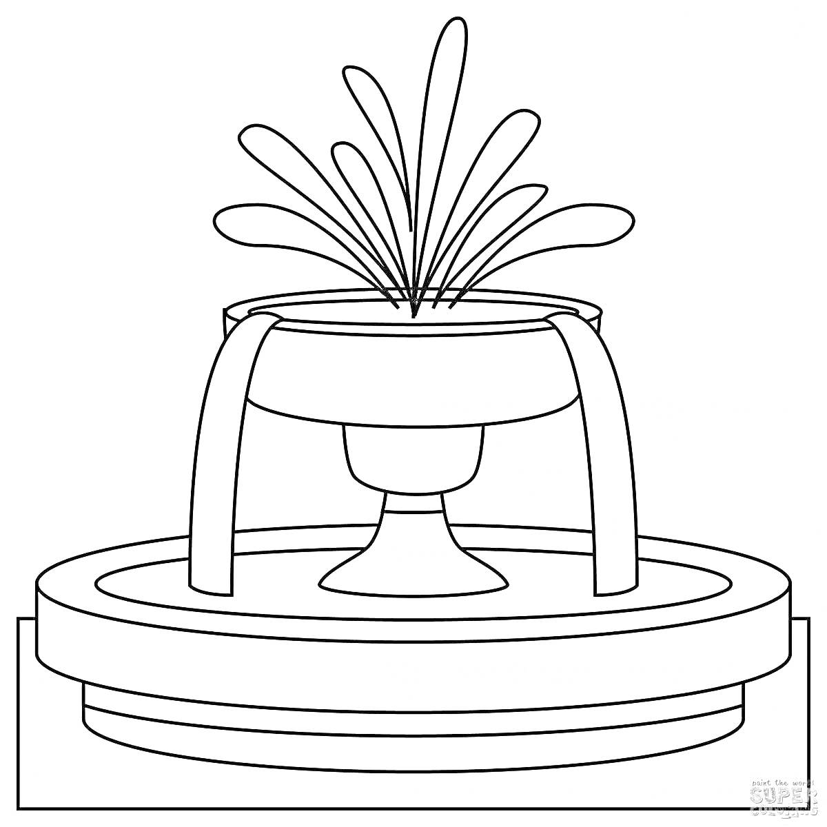 Раскраска фонтан с водой, база, струи воды, подставка, декоративные элементы