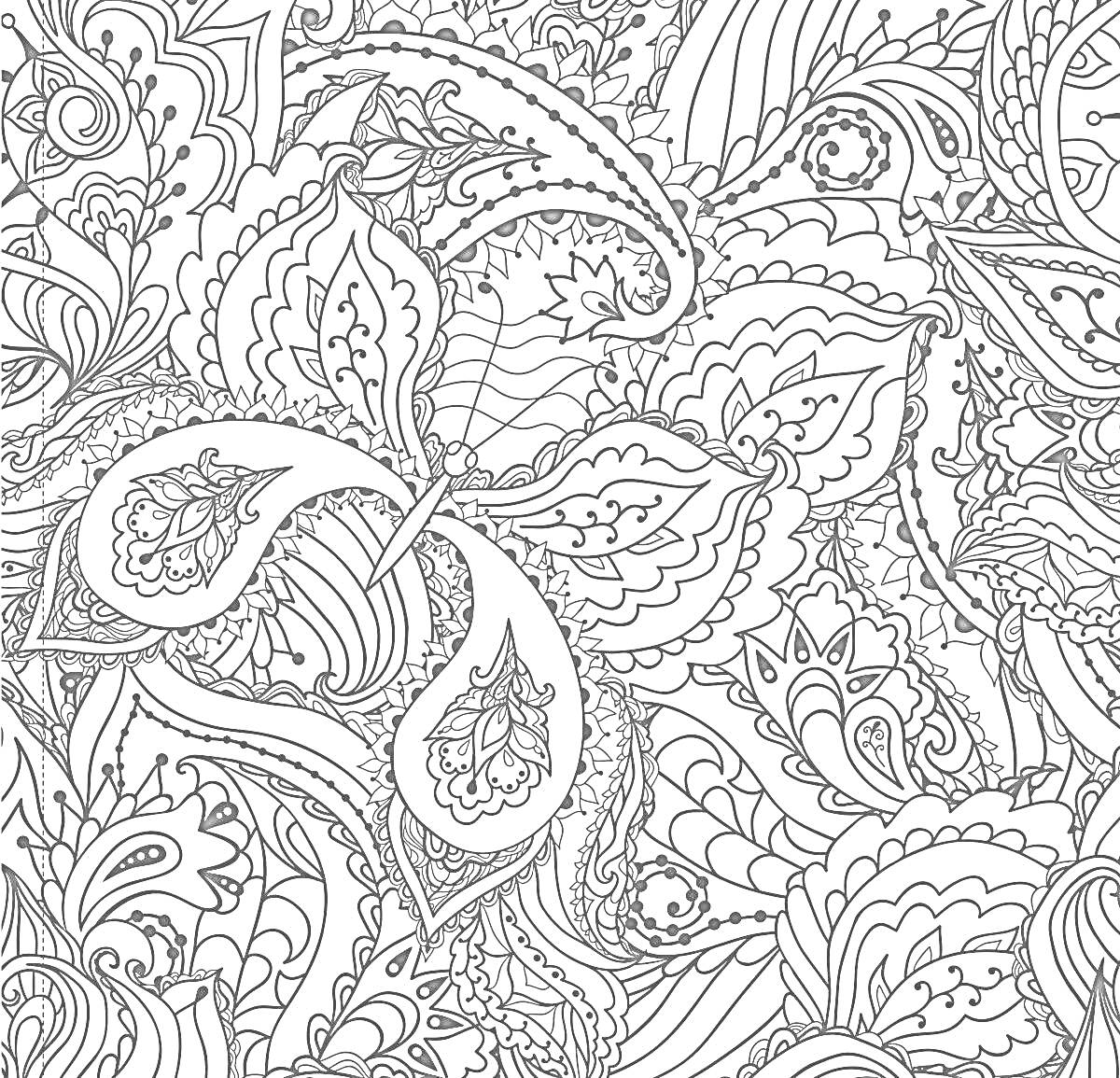 Раскраска Орнамент с большими завитками, листочками, цветами и волнистыми линиями