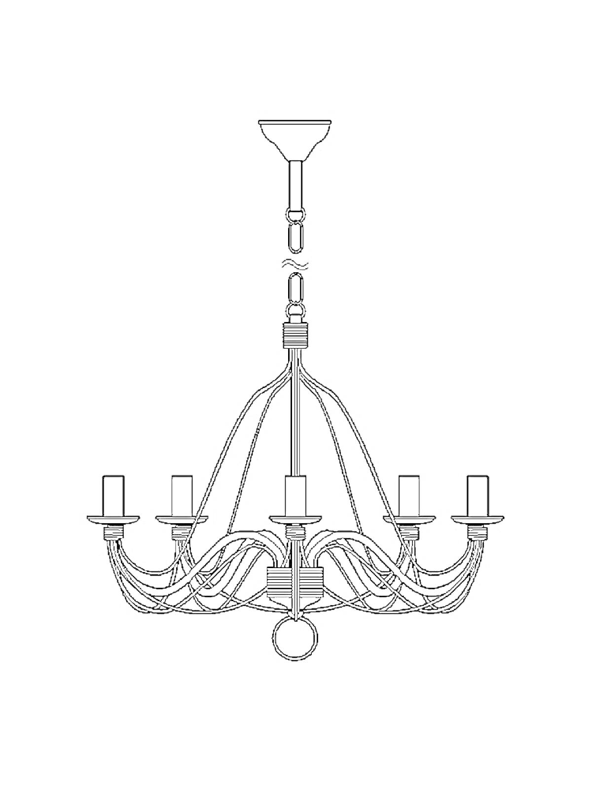 Раскраска Люстра с шестью свечевидными лампами и декоративными изогнутыми элементами