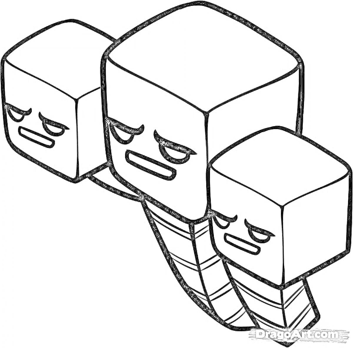 На раскраске изображено: Майнкрафт, Три головы, Блоки, Пиксельный стиль, Выражение лица