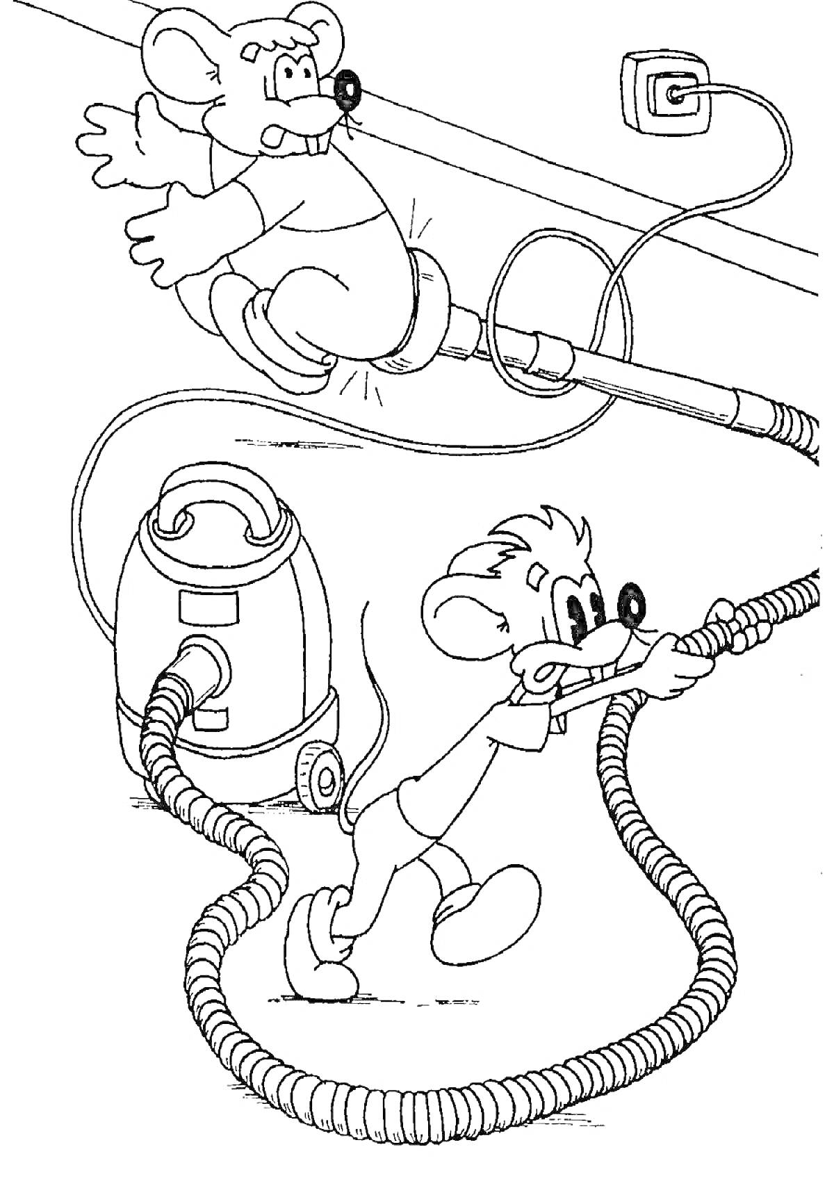 Раскраска Вакумный шалости мышек: пылесос, мышиный шнур, розетка
