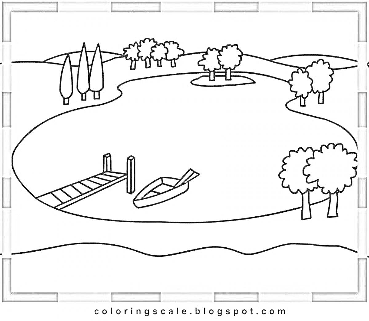 Раскраска Озеро с лодкой, пирсом и деревьями