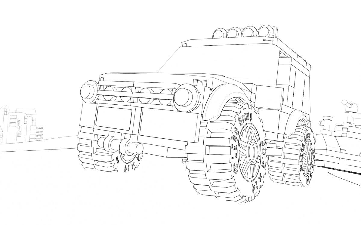 Раскраска Лего машина на фоне города с башнями и деревьями, ближний ракурс, крупные колеса, световая балка на крыше
