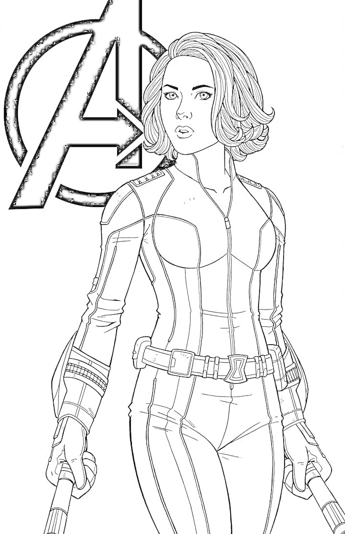 Раскраска героиня в обтягивающем костюме с короткими волосами на фоне логотипа Мстителей
