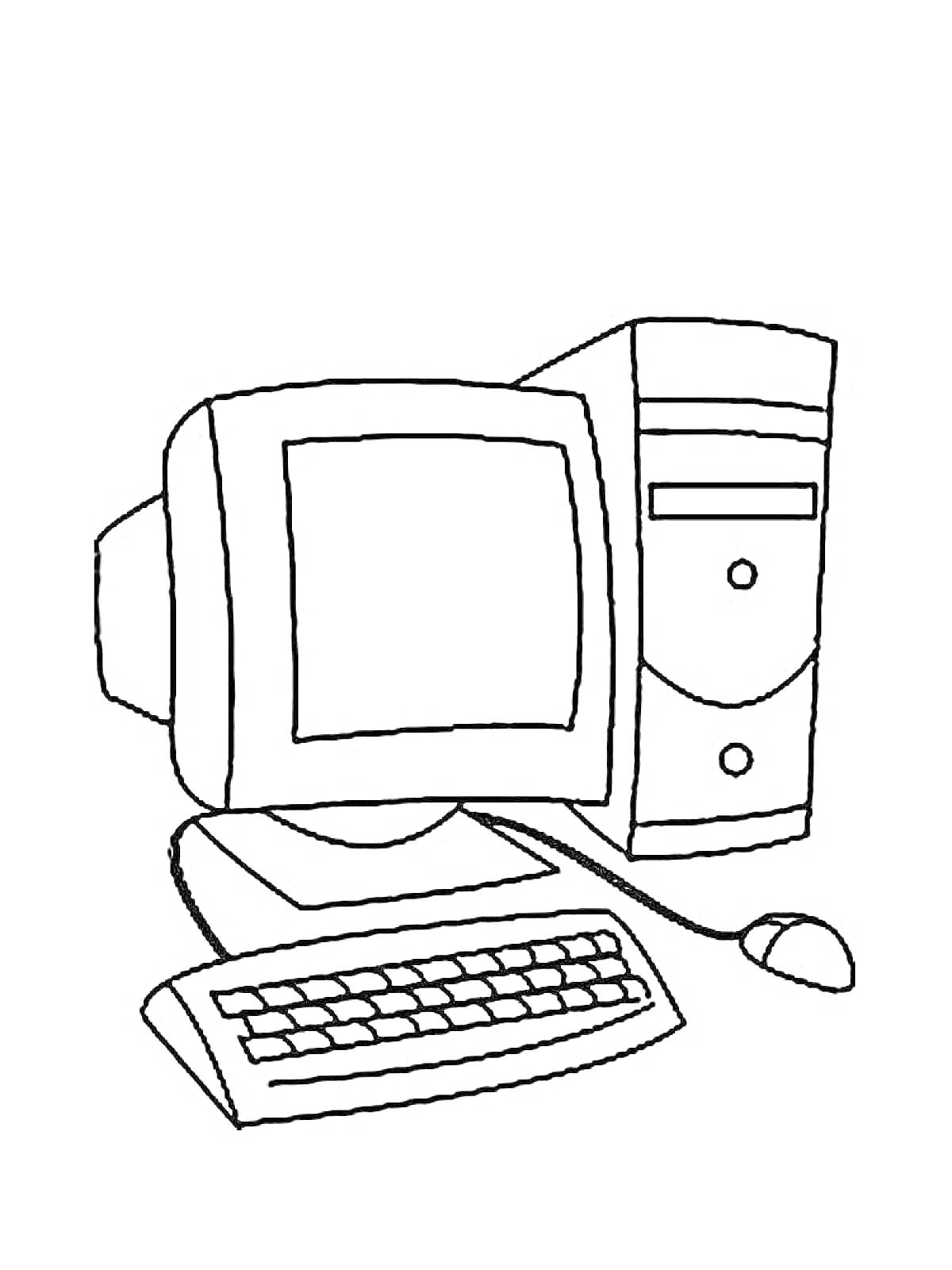 На раскраске изображено: Компьютер, Монитор, Клавиатура, Техника, Электроника, Мышь