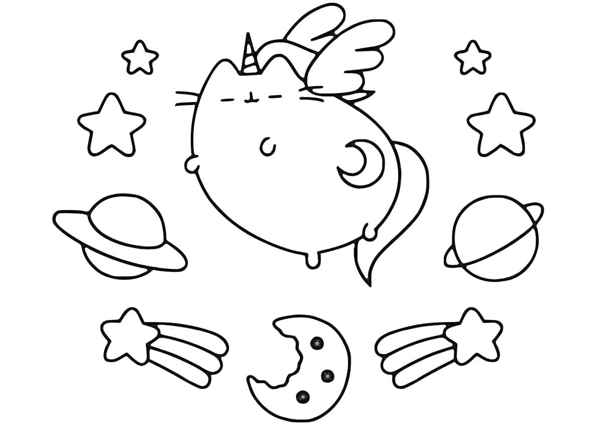 На раскраске изображено: Кот, Крылья, Звезды, Планеты, Луна, Космос, Комета, Единороги