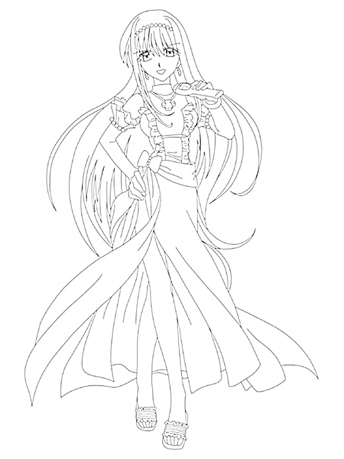 Девушка аниме с длинными волосами и ложкой, в платье с лентами
