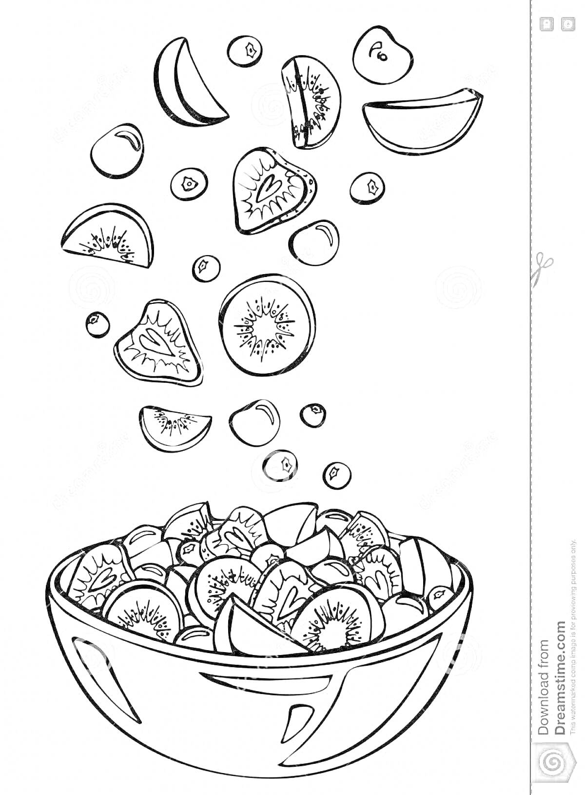 Раскраска Фруктовый салат с киви, дольками яблок, клубникой и вишней в миске