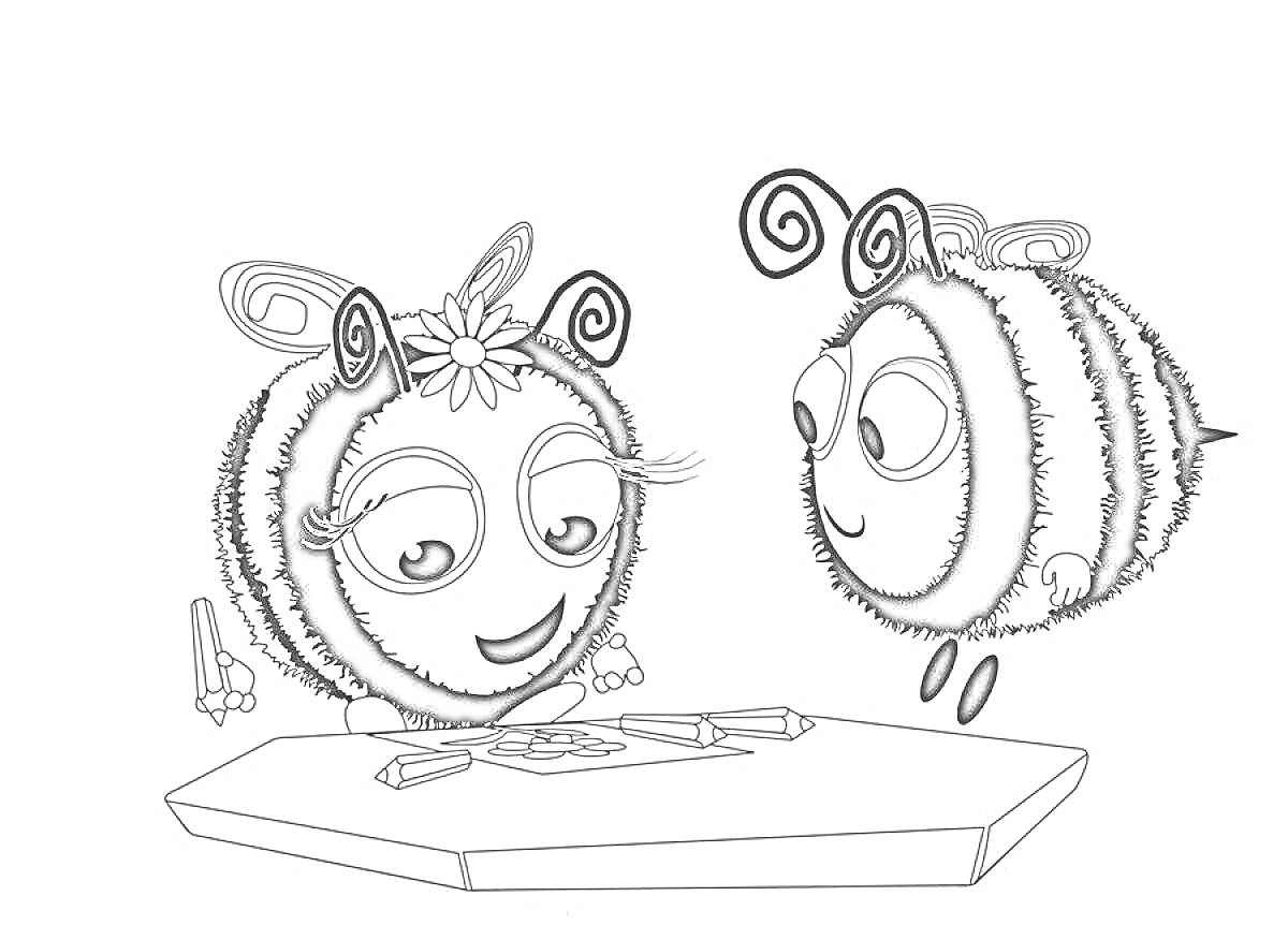 Раскраска Две пчелы рисуют за столом