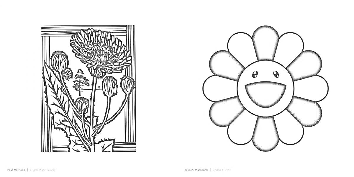 Раскраска Растения в прямоугольной рамке и улыбающийся цветок с лепестками