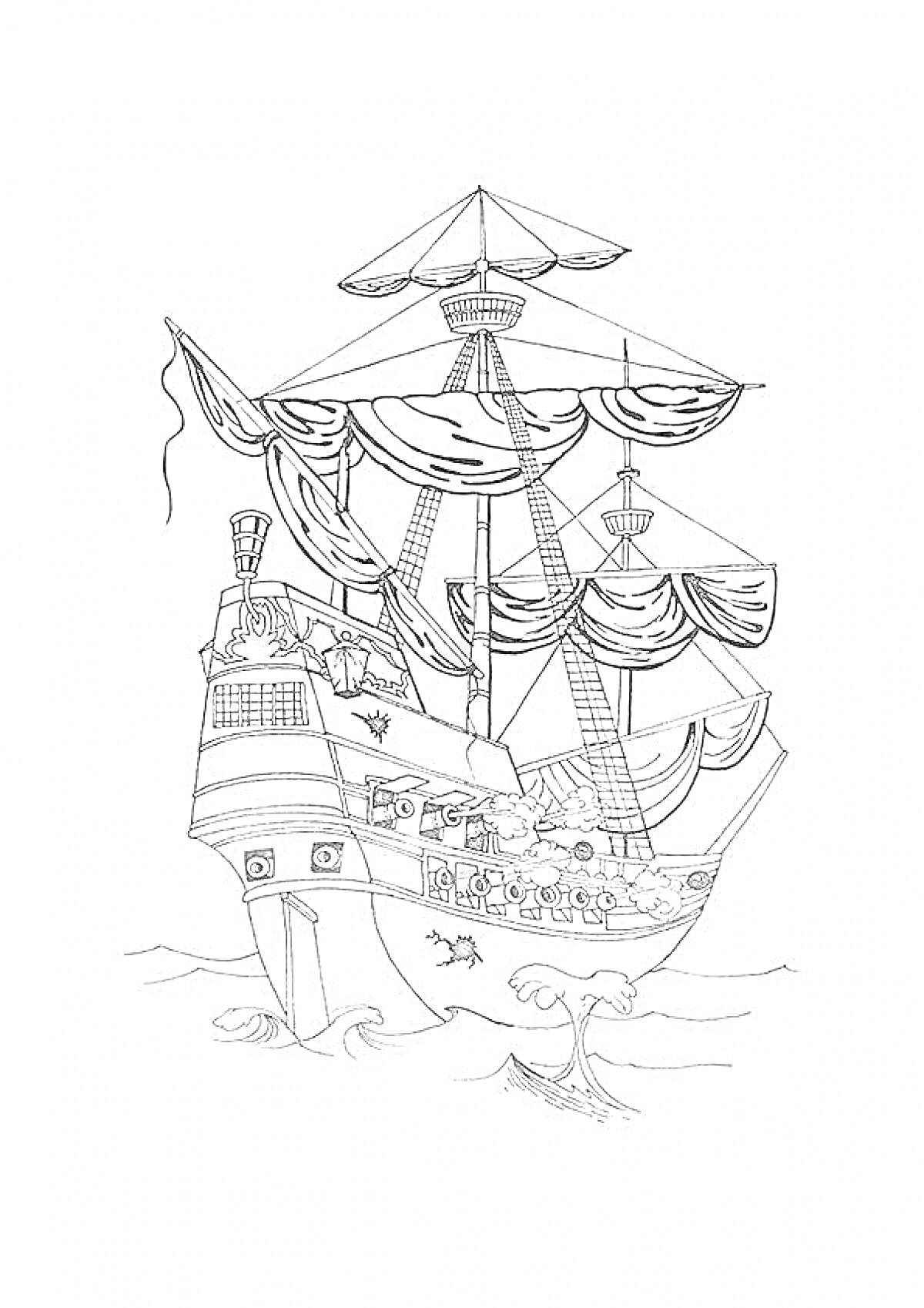 На раскраске изображено: Морской бой, Корабль, Волны, Море, Мореплавание, Паруса