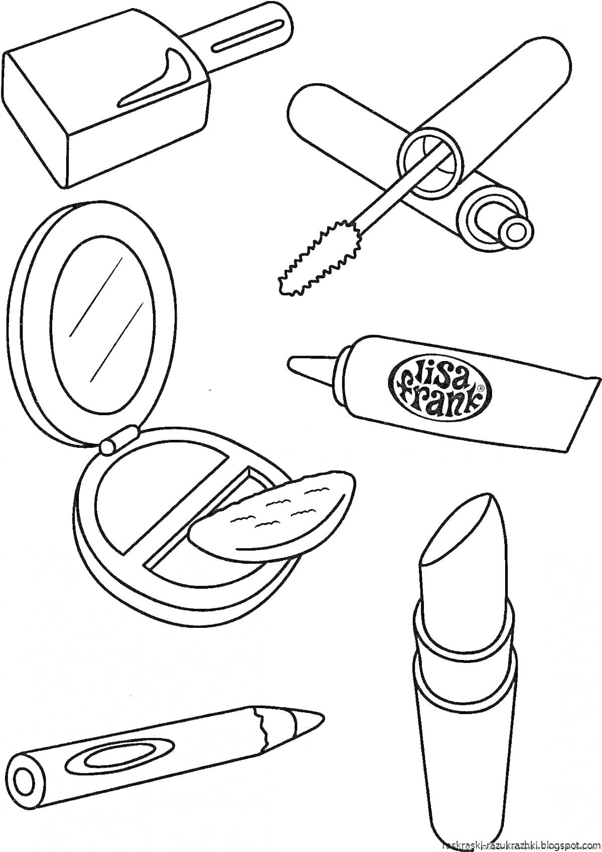 На раскраске изображено: Косметика, Лак для ногтей, Пудра, Крем, Помада, Карандаш для глаз