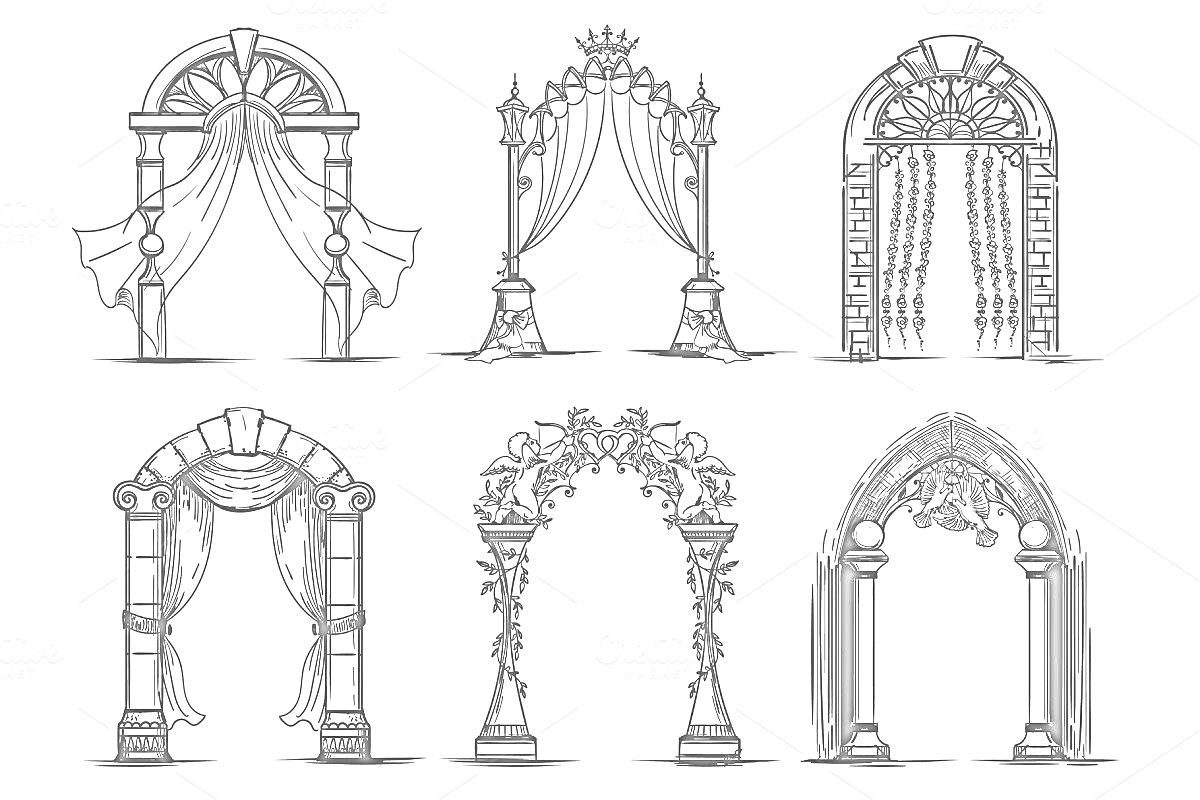 На раскраске изображено: Арка, Колонны, Растения, Занавески, Перья, Корона, Башенки, Цветы