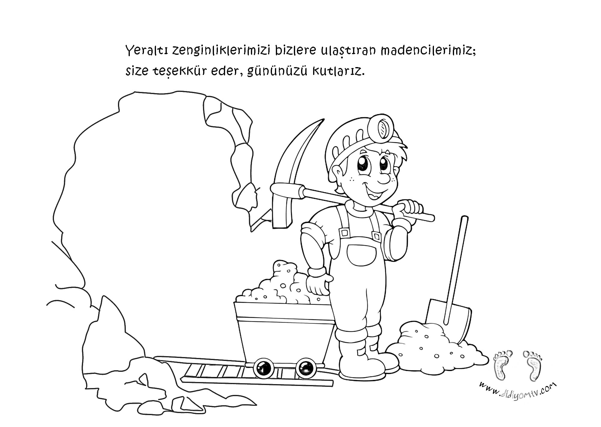 На раскраске изображено: Шахтер, Ребенок, Кирка, Лопата, Для детей, Безопасность, Спецодежда, Каска