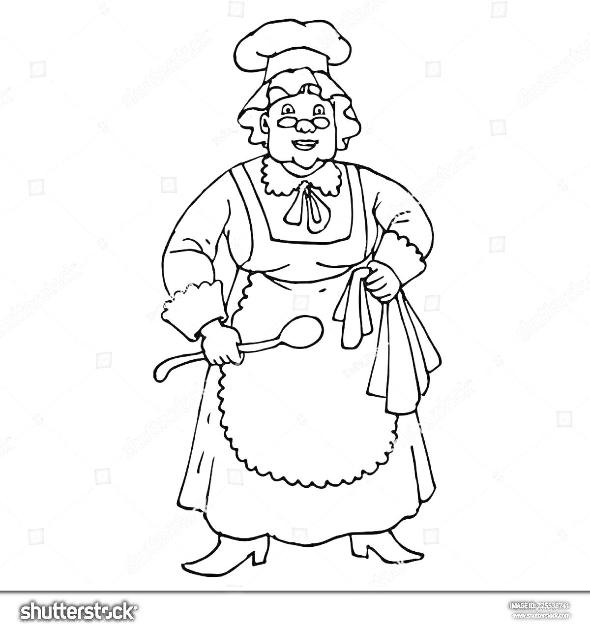 Бабушка в поварском колпаке с ложкой и салфеткой