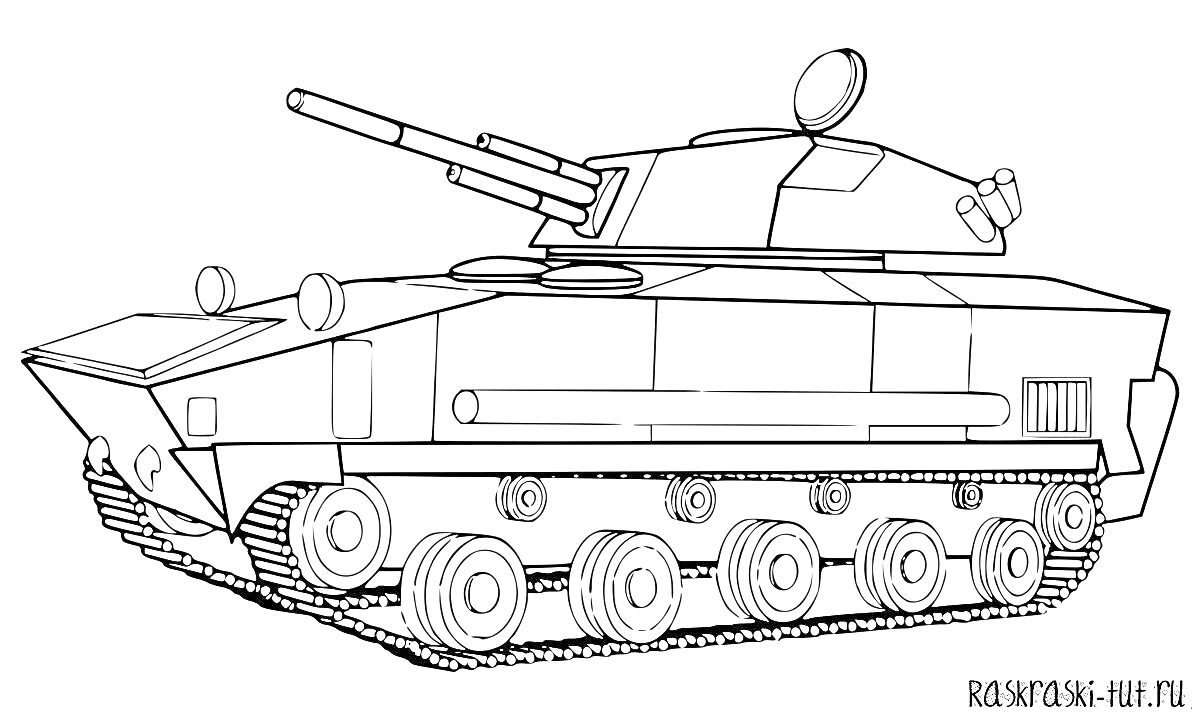Раскраска Танк с пушкой, шестью колесами на гусеничном ходу, антеннами и оптикой на башне