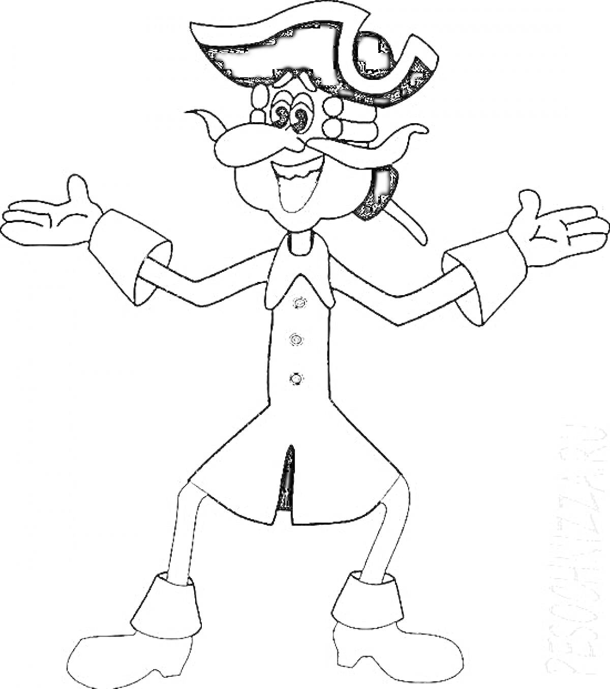 Раскраска Цветная раскраска с персонажем в костюме с треуголкой, расставившим руки в стороны