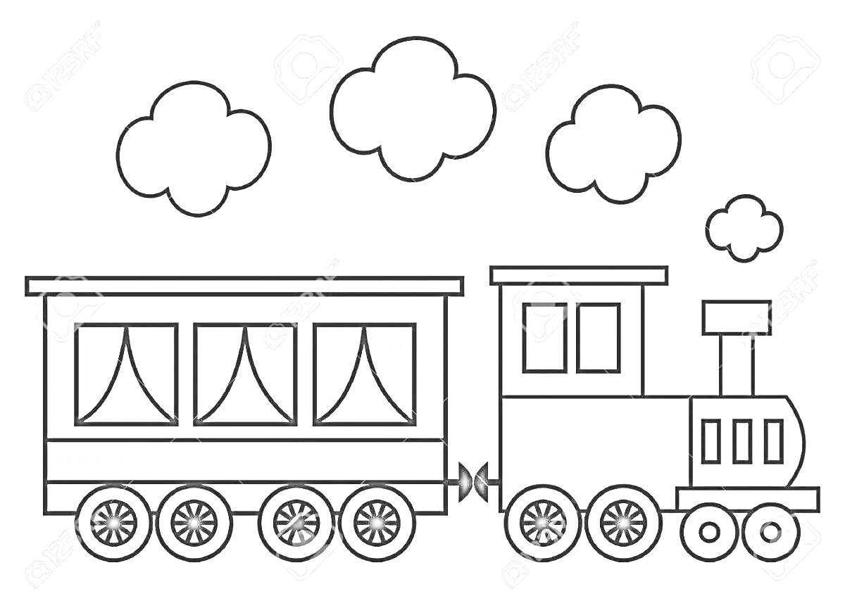 Раскраска Паровозик с вагончиком под облаками