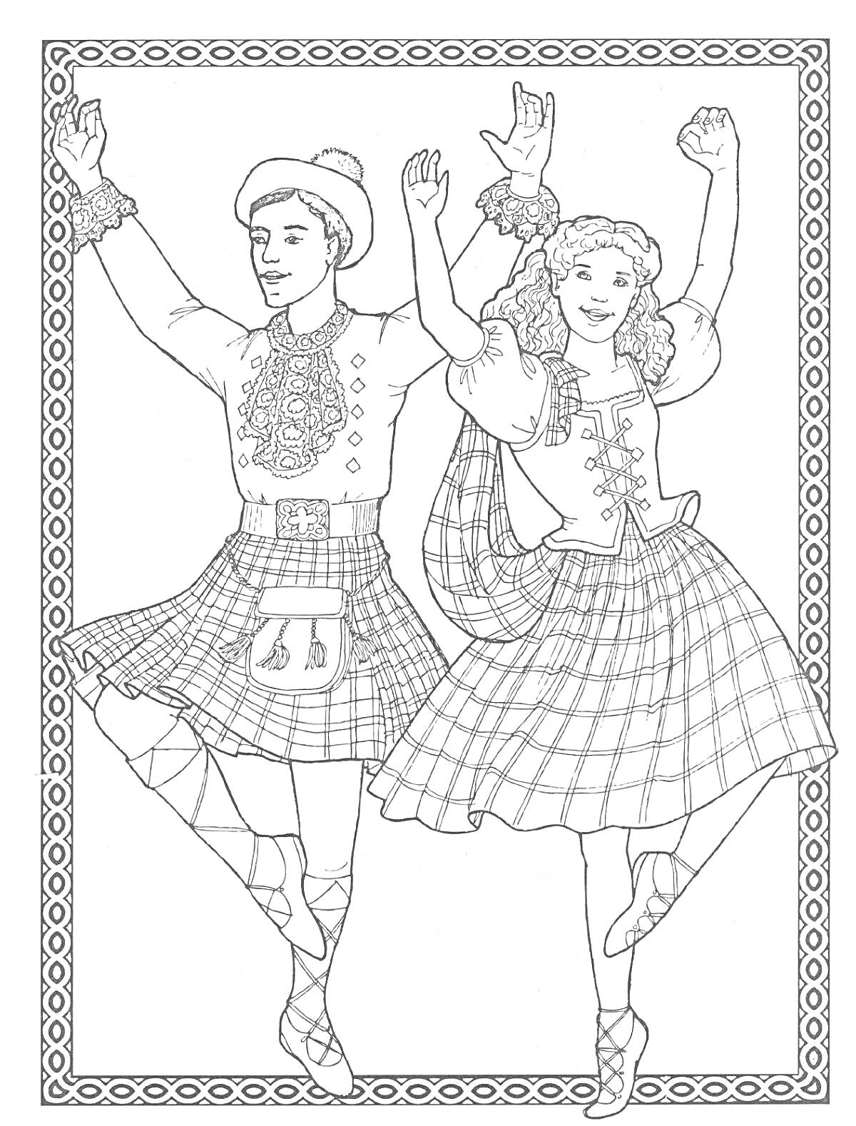 Раскраска Мужчина и женщина в традиционных шотландских костюмах танцуют народный танец