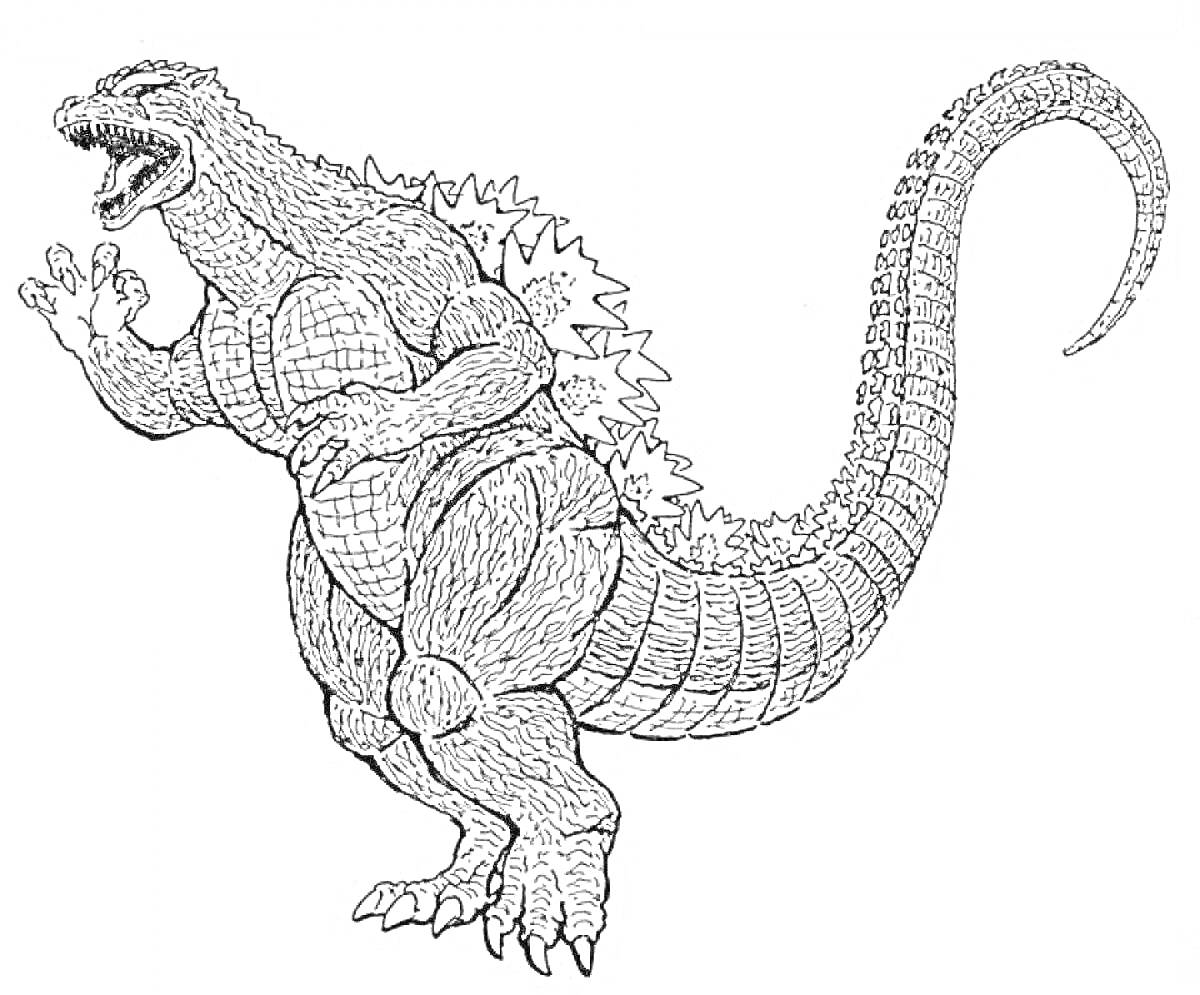 На раскраске изображено: Годзилла, Монстр, Динозавр, Длинный хвост, Чешуя, Поднятая лапа, Страх, Фантастические существа