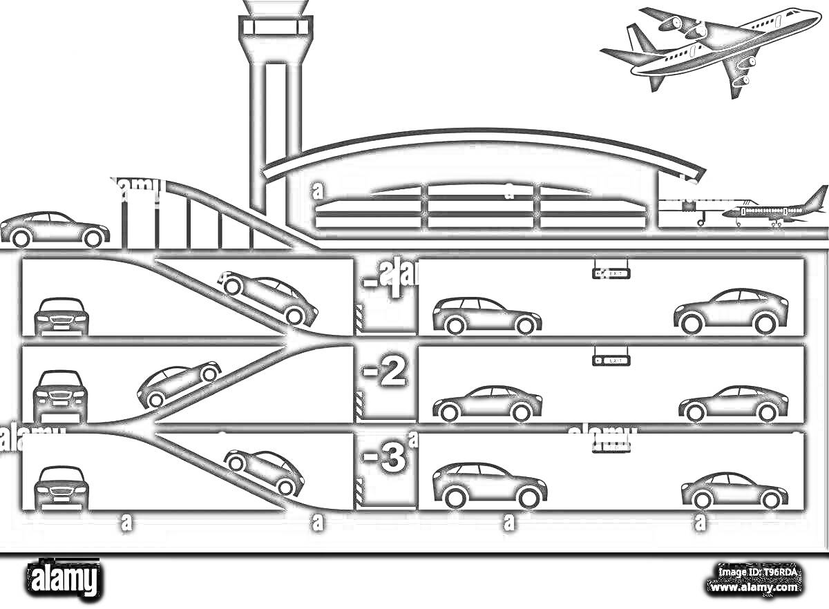 Раскраска Многоуровневая парковка у аэропорта с автомобилями, самолетами и диспетчерской вышкой