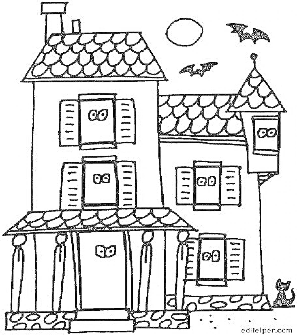 Раскраска Дом с привидениями, окна с глазами, летучие мыши, кошка, солнце.