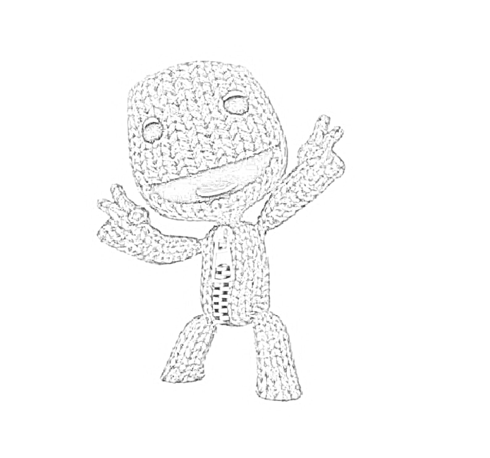 Раскраска Sackboy на белом фоне, поднявший руки