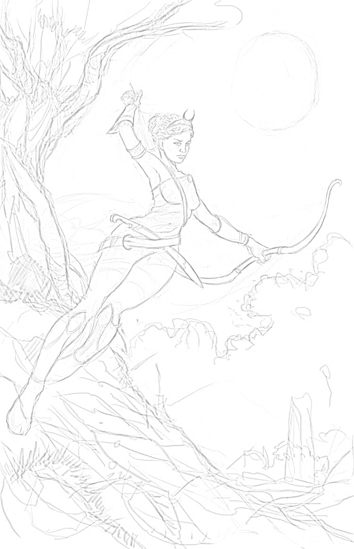 Раскраска Богиня Артемида с луком в лесу при полной луне
