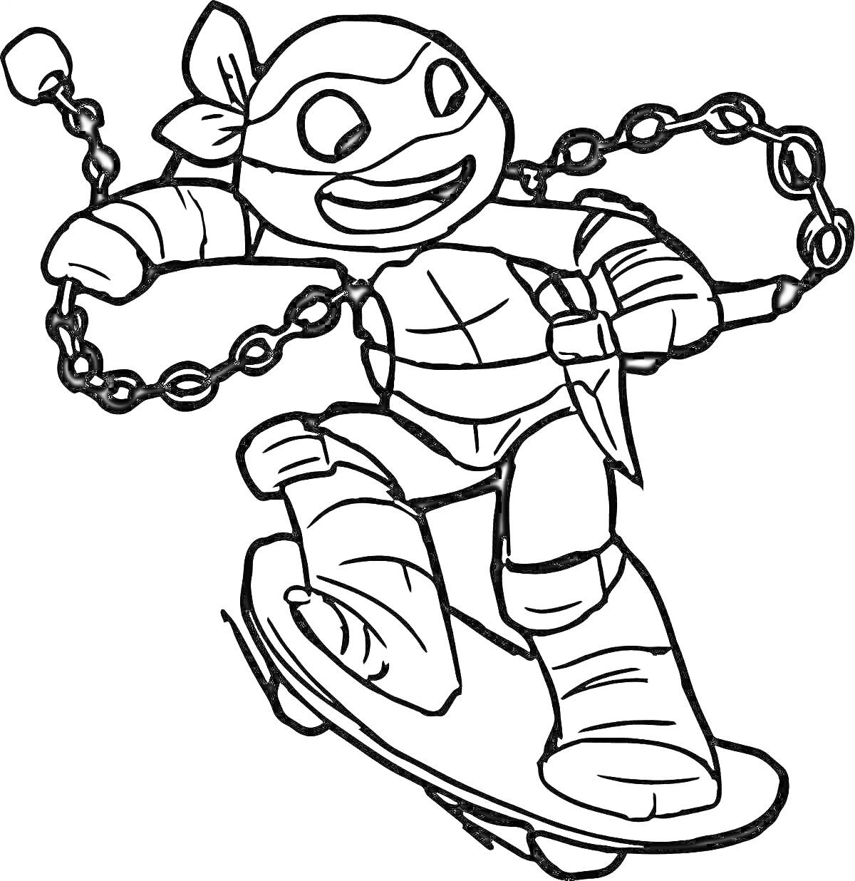 Черепашка-ниндзя Микеланджело на скейтборде с нунчаками