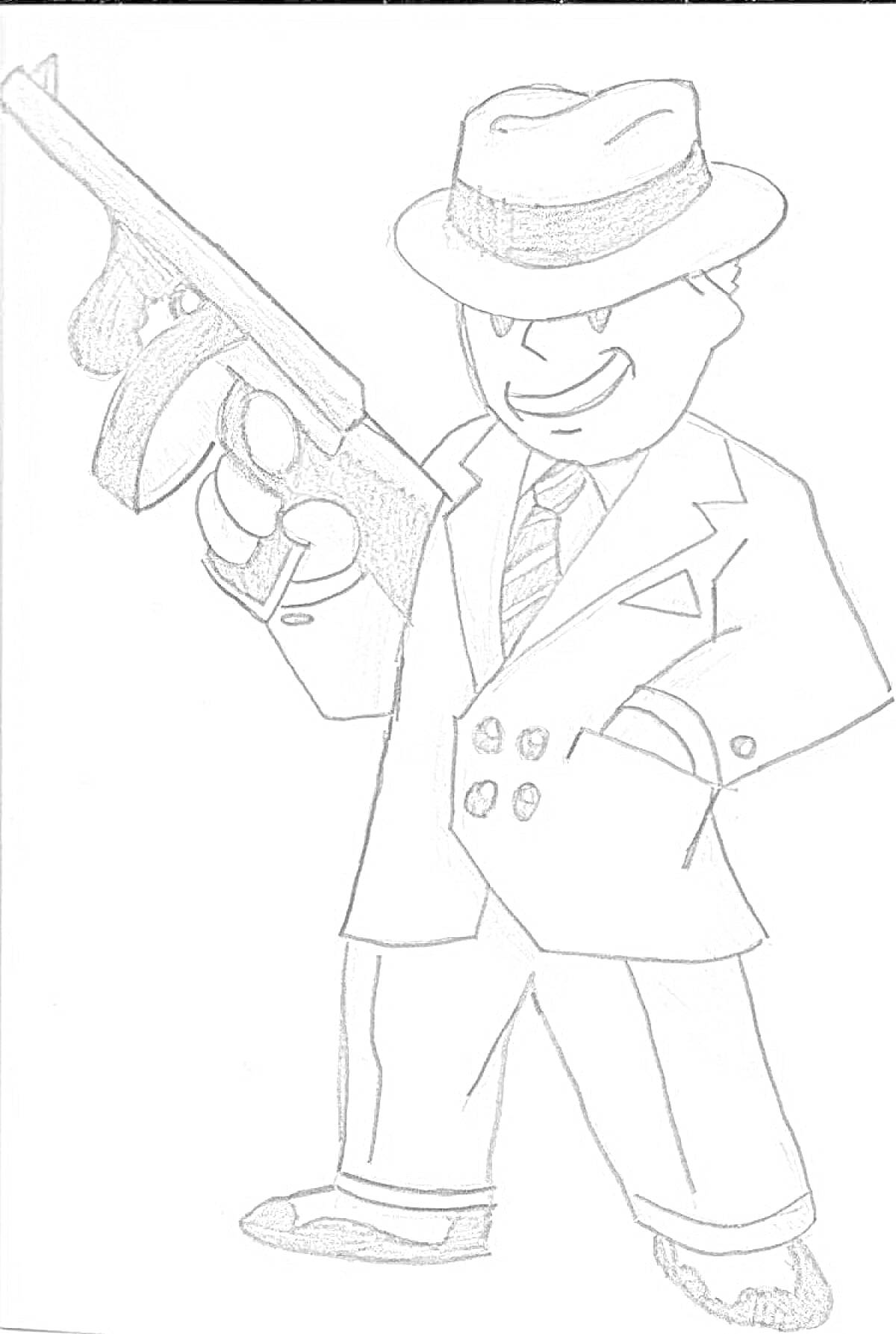 Раскраска Мафиооз в костюме с шляпой, держащий пулемёт