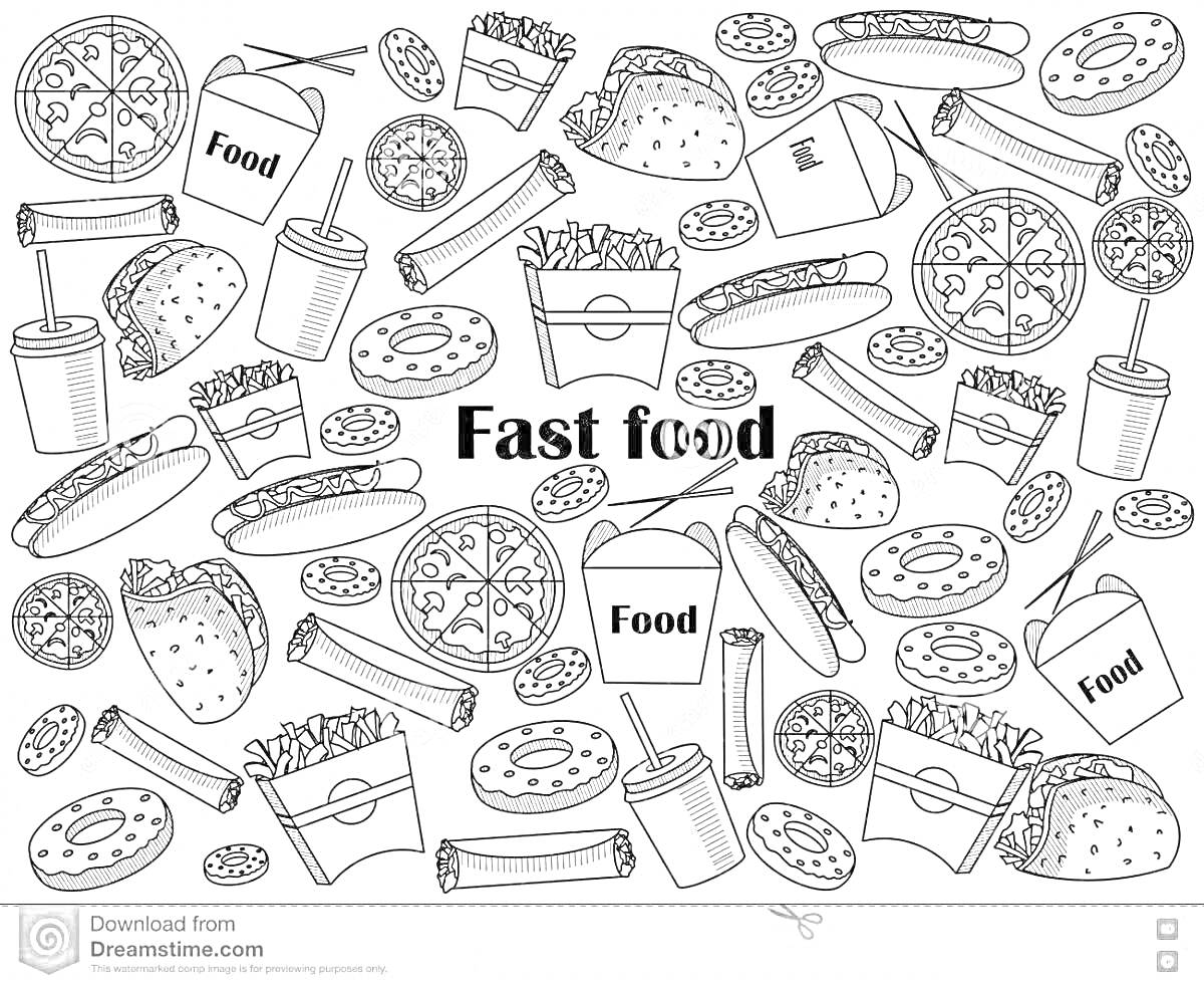 Раскраска Еда фастфуд - пицца, хот-доги, картошка фри, пончики, бургеры, напитки