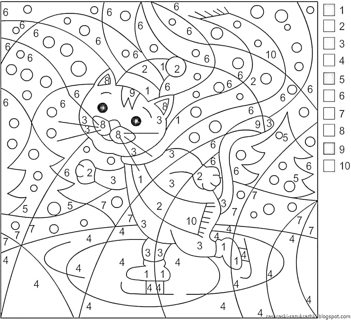 На раскраске изображено: По номерам, Кот, Каток, Лед, Зима, 5 лет, Лес, Снежные деревья