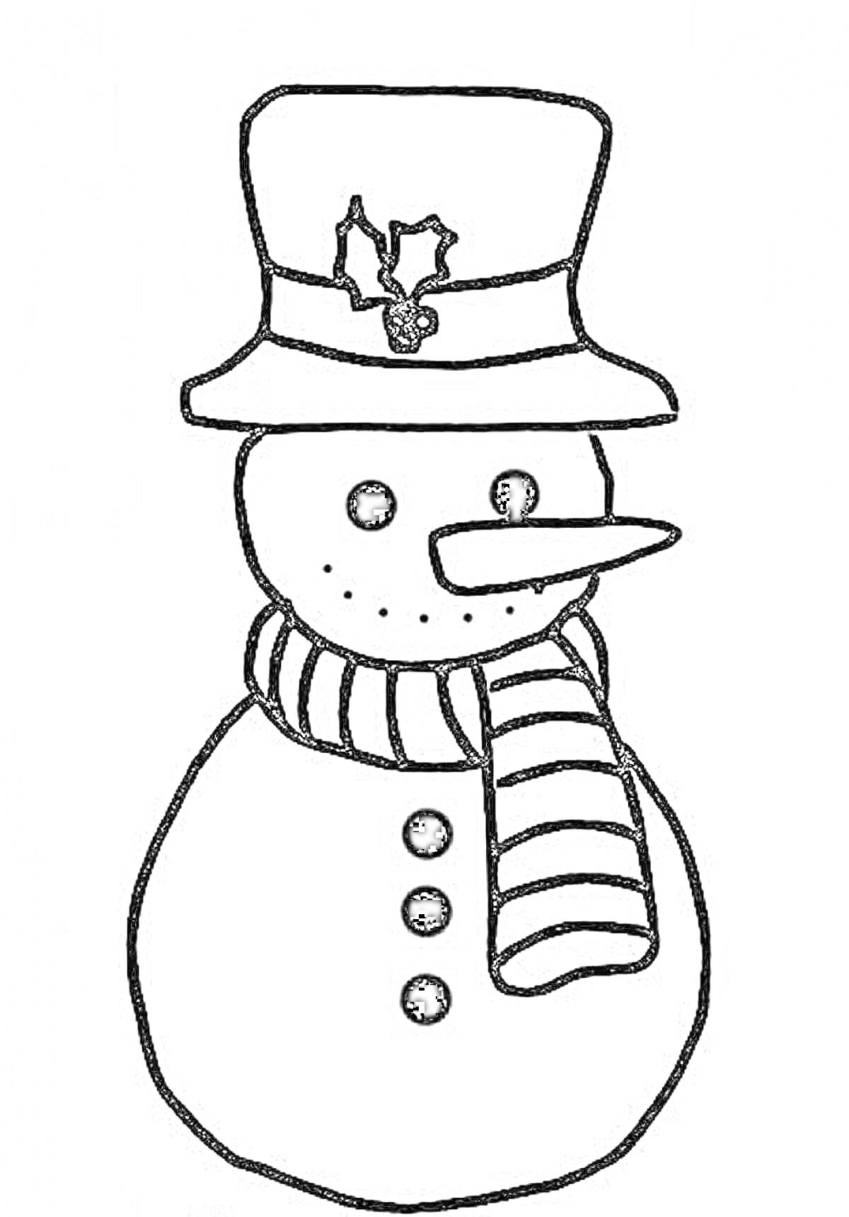 На раскраске изображено: Шапка, Морковный нос, Шарф, Пуговицы, Рождество, Зима, Новогодние украшения, Снеговики