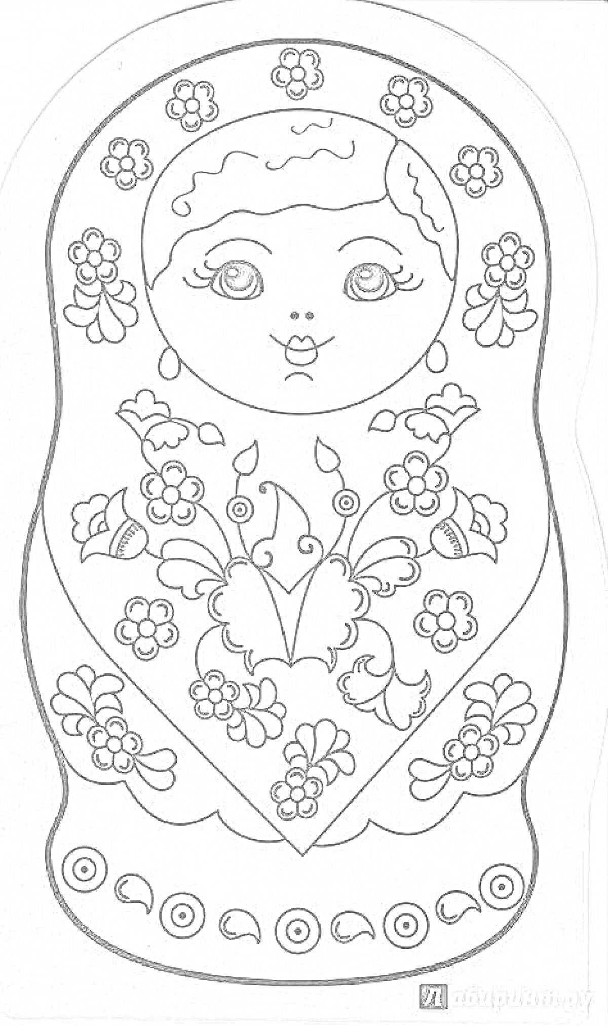Раскраска Матрешка с цветочным узором в стиле городецкой росписи