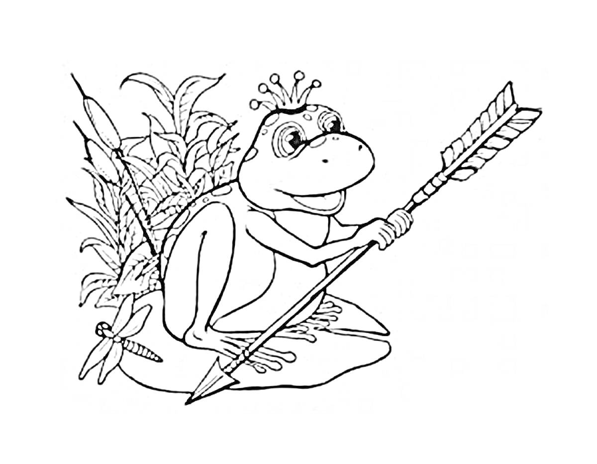 Раскраска Царевна Лягушка с короной на голове, сидящая на листе кувшинки, держащая стрелу, позади камыши и стрекоза