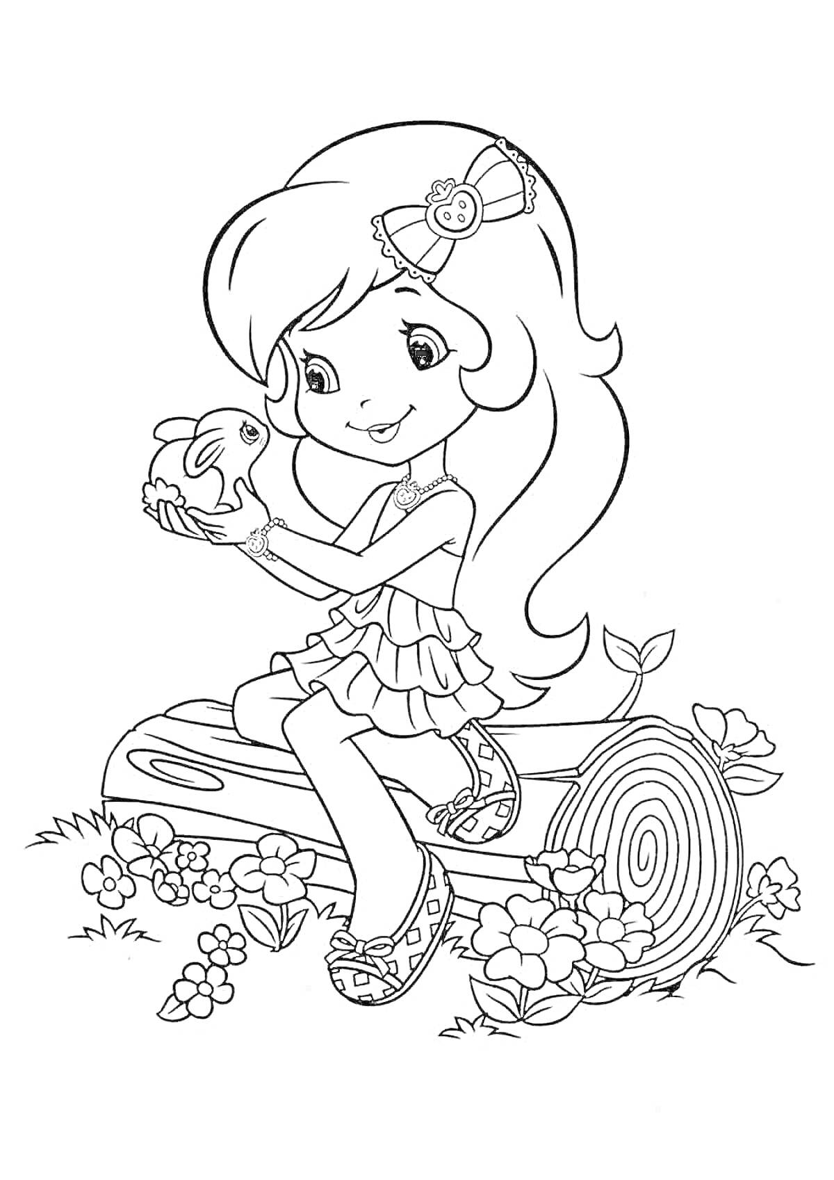 Раскраска Девочка с бантом в волосах, в платье с оборками, держащая кролика, сидя на бревне с цветами